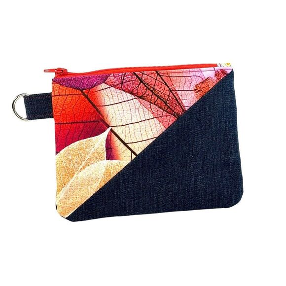 Handmade Upcycled Denim Fall Leaves Zipper Pouch Wallet Cotton Lined - Picture 4 of 7